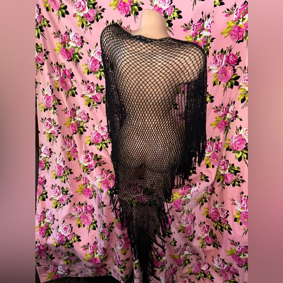 Crochet betsey Johnson extra long fringe tassel cape beaded poncho Shawl wrap OS - Picture 3 of 5